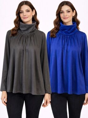 Laura Galic Bold Blue Pleated Flowing Turtleneck Top